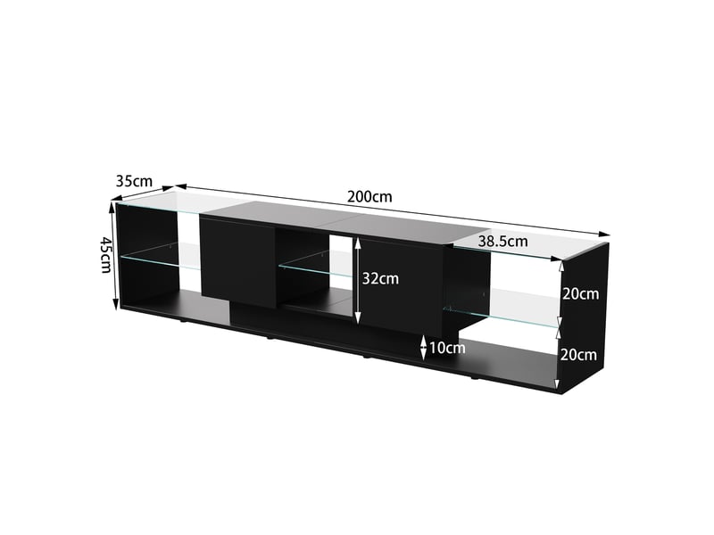 Meuble tv led 200x35x45cm - design nordique avec rangement verre trempé et télécommande app - noir brillant - Conforama E