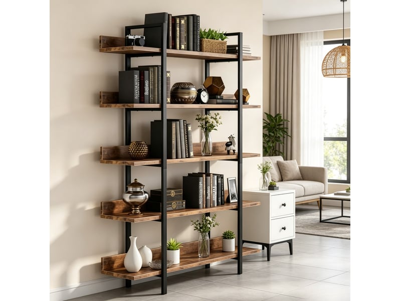  Étagère bibliothèque 5 niveaux industrielle noir et marron rustique, 105 x 33 x 180 cm pour salon ou bureau  - Conforama E