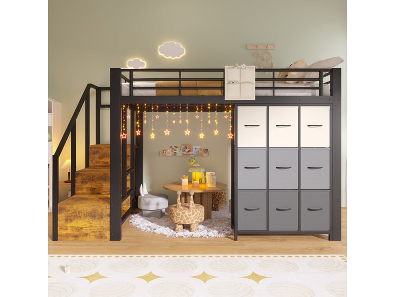  Lit mezzanine 140x200 cm avec rangements et penderie coloris noir  - Conforama B