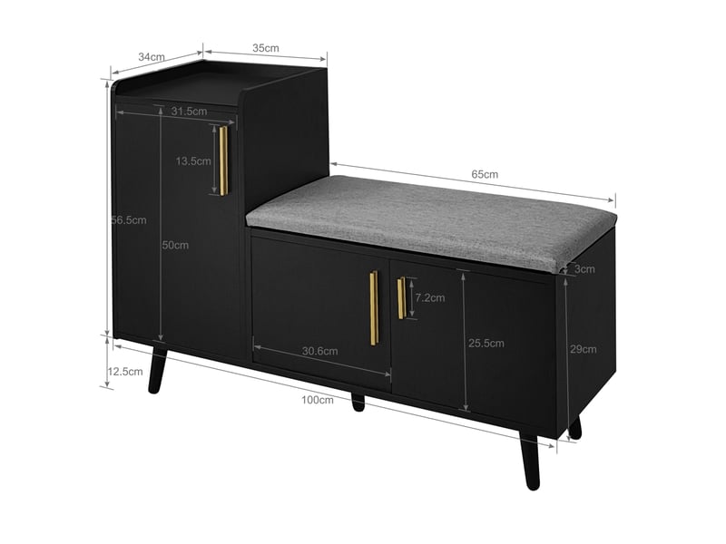  Banc à chaussures avec assise rembourrée, 3 portes, noir  - Conforama E