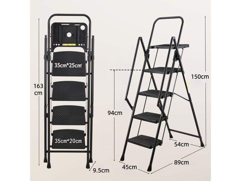  Escabeau 4 marches acier pliant avec rampe et plateau porte-outils amovible, charge 150 kg, noir  - Conforama C
