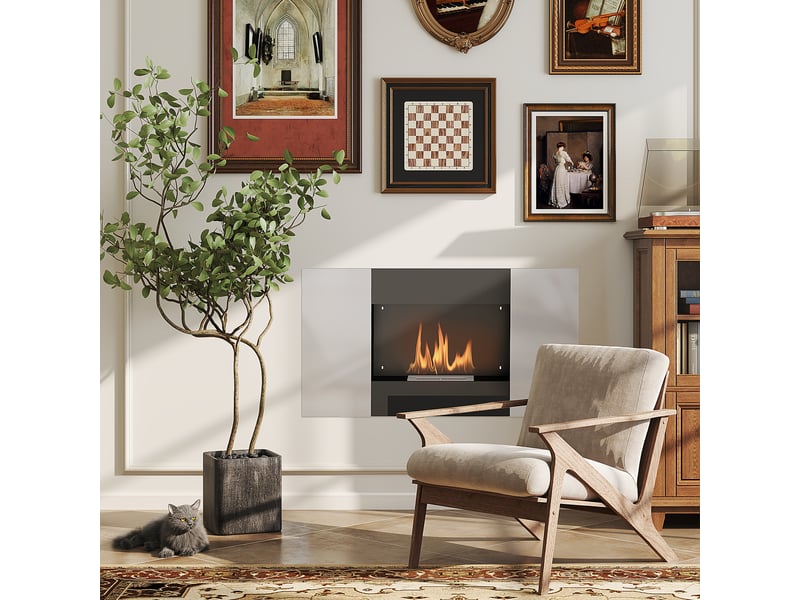  Cheminée murale bioéthanol de 0,9 litre en acier inoxydable, 100 x 15 x 54 cm, noir et argent  - Conforama C