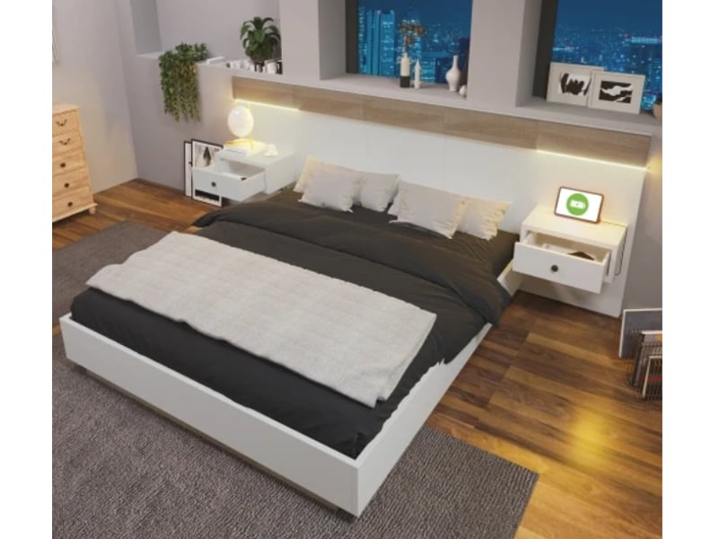  Lit double 160×200, 2 chevets led + usb-c, bois, chêneblanc, sans matelas  - Conforama B