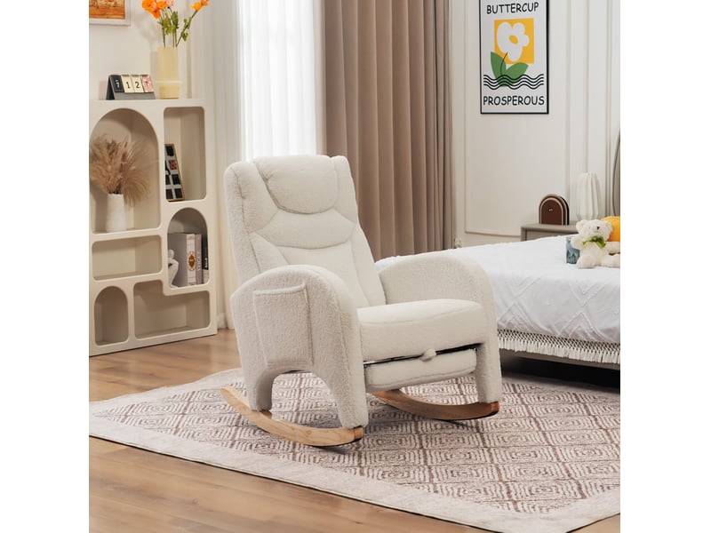  Fauteuil à bascule chaise paresseuse, revêtement en peluche, blanc, structure en bois, confortable, avec repose-pieds  - Conforama D