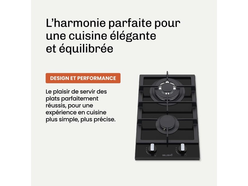  Beldeko plaque gaz 2 feux 5200w verre noir grilles fonte - marque française  - Conforama C
