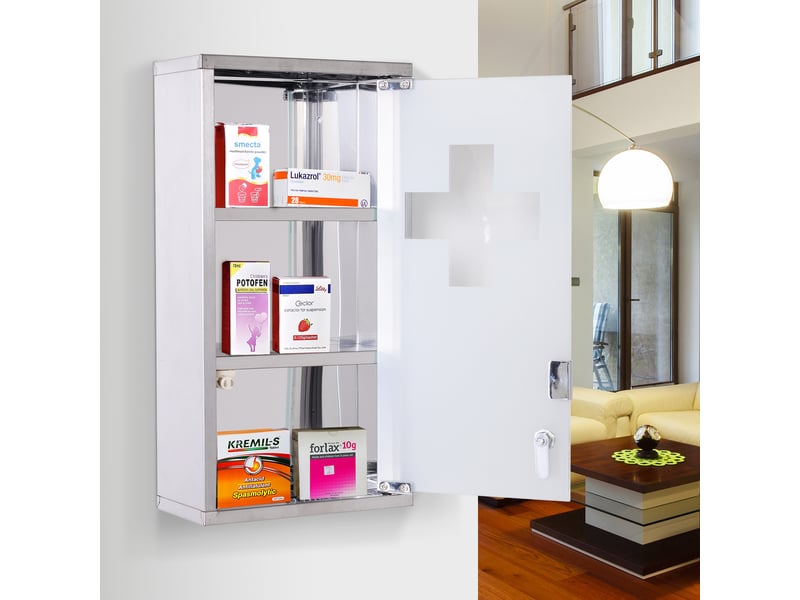  Armoire à pharmacie 2 étagères 3 niveaux verrouillable porte verre trempé dépoli logo croix 25l x 12l x 48h cm acier inox  - Conforama D