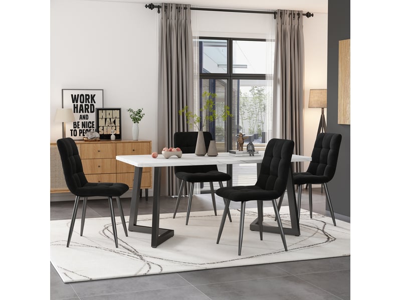  Table à manger rectangulaire, 117x68x75 cm, élégante effet marbre, plateau mdf, piètement métal, coloris noir et blanc  - Conforama D