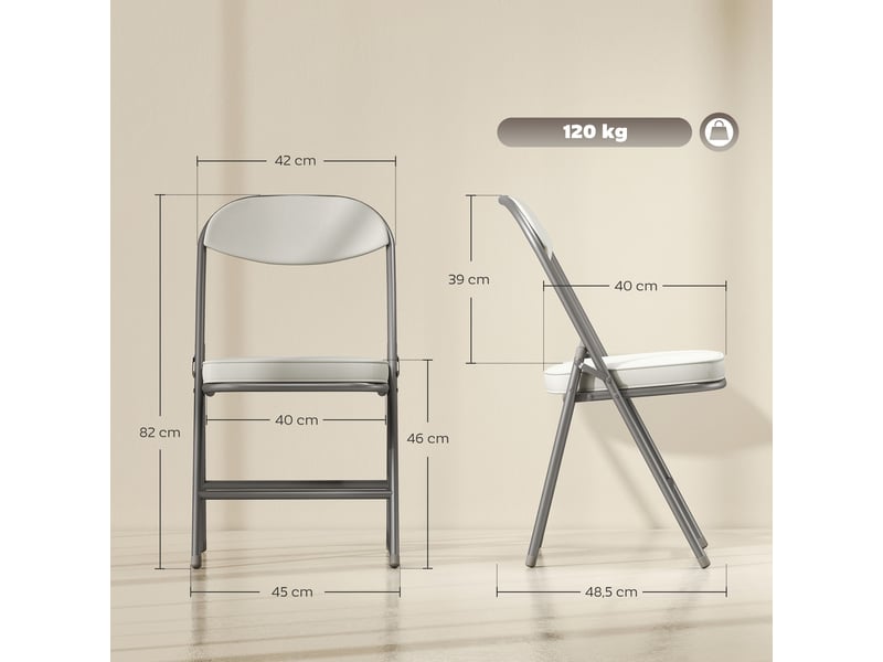 Set de 4 chaises pliantes rembourrées en velours côtelé blanc crème avec dossier et cadre métal - Conforama C