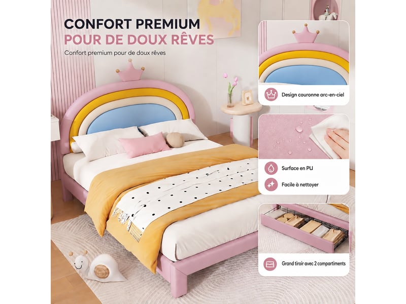  Lit coffre 140x200 cm, lit enfant avec rangement, tête de lit rembourrée, evêtement pu rose, sans matelas  - Conforama D