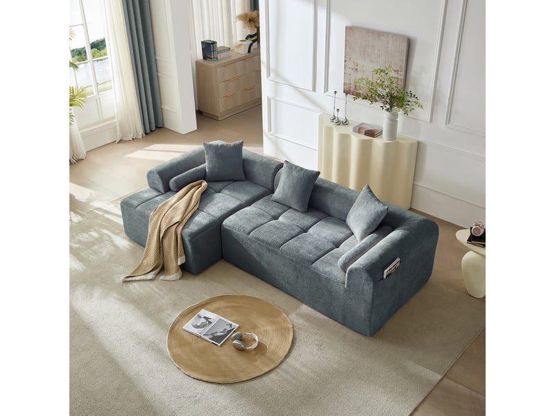 Canapé d'angle, canapé de salon, en tissu chenille, bleu, format compressé, pour salon et séjour, 263 cm - Conforama D