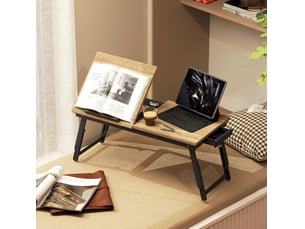 Table de lit pour ordinateur portable 83,5x33x34 cm réglable en hauteur pliable avec tiroir mdf chêne