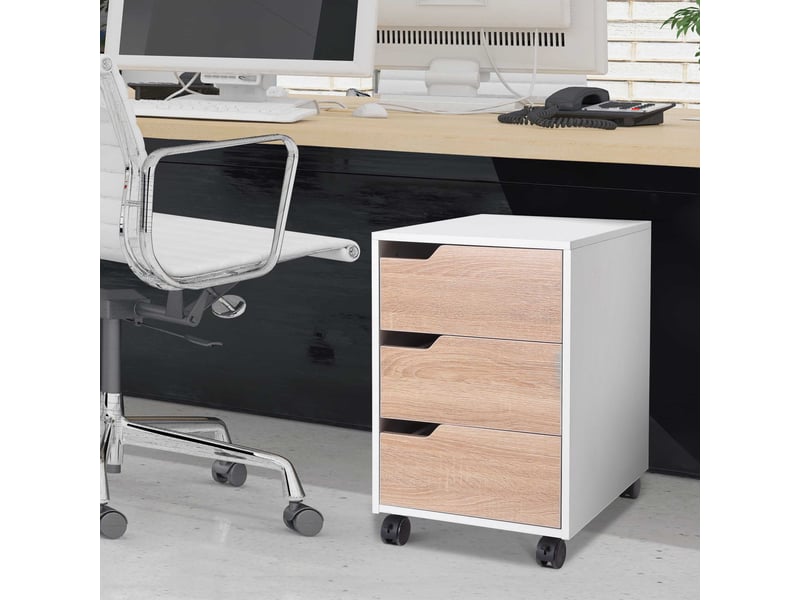  Caisson de bureau à roulettes, classeur à 3 tiroirs, meuble de rangement pour bureauétude, 40 x 50 x 57,5 cm, chêne et blanc  - Conforama C