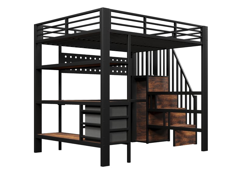 Lit mezzanine métal noir 140x200 cm avec bureau led tiroir panneau perforé prise  - Conforama E