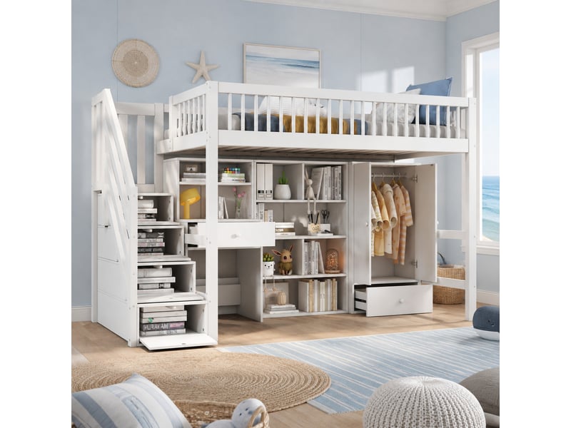  Lit enfant multifonctionnel blanc 90 x 200 cm avec bureau, escalier et armoire  - Conforama B