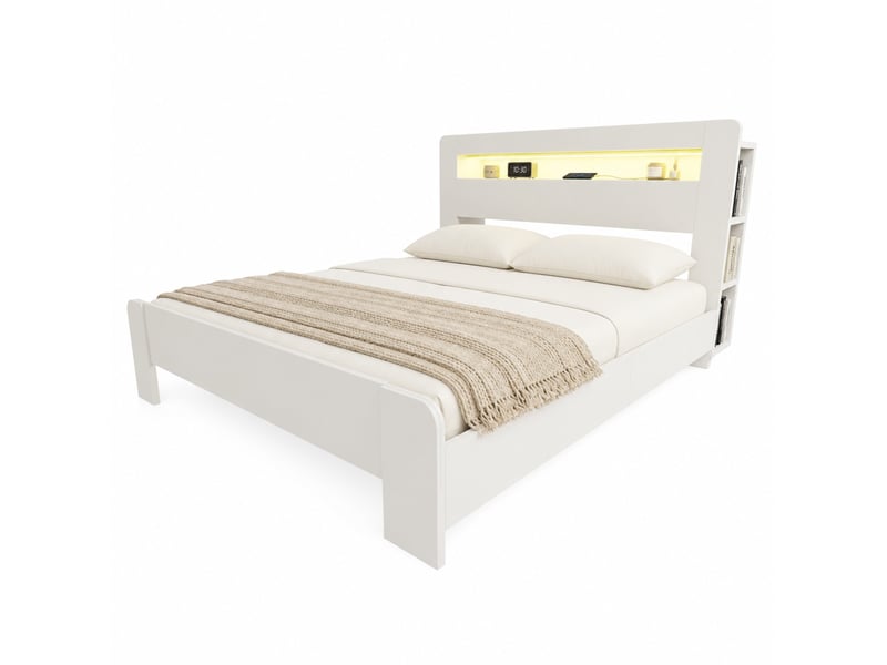  Lit 180 x 200 cm blanc avec rangement, éclairage led et prises intégrées  - Conforama A