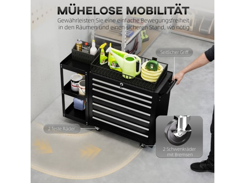  Chariot d'atelier avec 7 tiroirs, servante à outils mobile noire, étagère latérale amovible, 4 roues freinées, 96x33,5x75 cm  - Conforama C