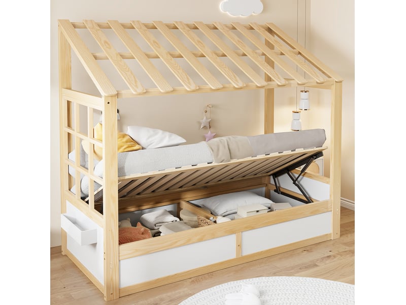  Lit mezzanine enfant 90 x 200 cm avec toit, rangements hydrauliques, blanc et bois  - Conforama D