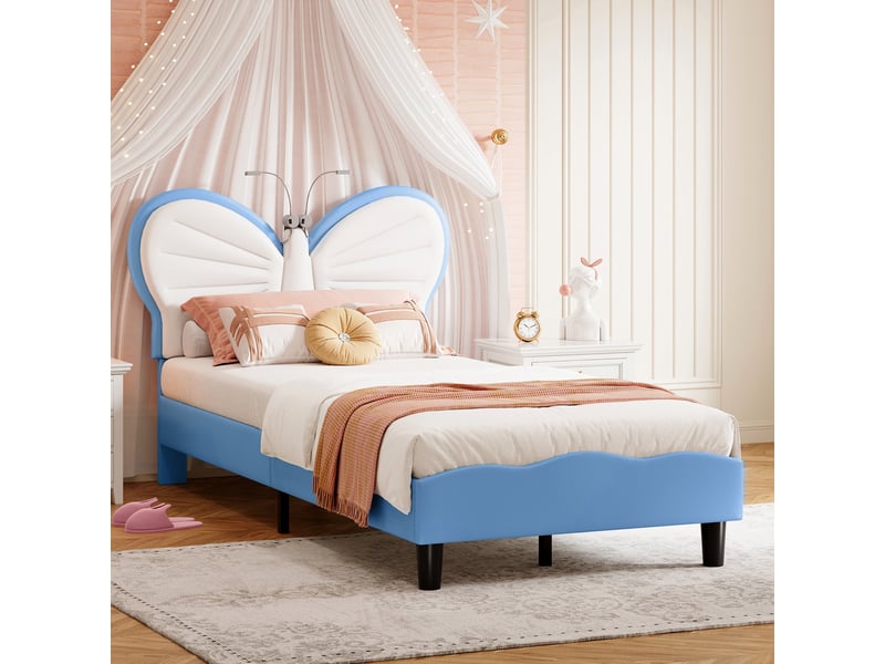  Lit 90x200 cm - lit enfant 90x200 - lit simple rembourré papillon en velours avec lampes de led, hauteur réglable - bleu  - Conforama E
