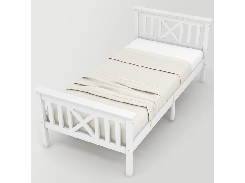  Lit simple 90x200 cm avec tête de lit en x, bois de pin et mdf blanc  - Conforama A