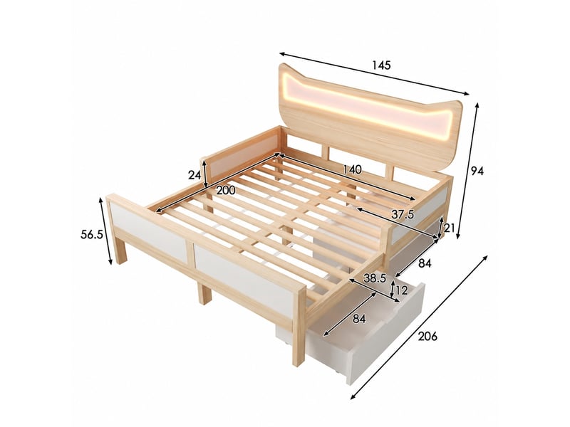 Lit enfant 140 x 200 cm avec tiroir et led rgb, pin et mdf, blanc et décor chêne - Conforama C
