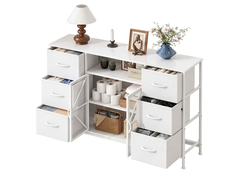  Meuble tv commode 120x30x75 cm six tiroirs tissu portes metal blanc moderne  - Conforama A