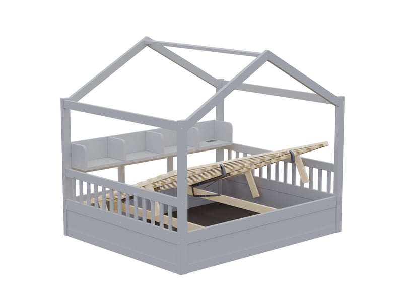  Lit cabane en bois, 140 × 200 cm, avec espace de rangement hydraulique, équipé de tablettes et bande lumineuse, gris  - Conforama E