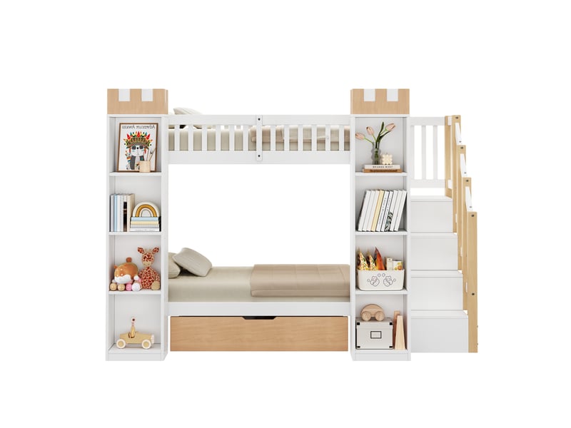  Lit superposé enfant 90x200 cm en bois avec escalier de rangement, tiroir, garde-corps sécurisé et design château - blanc  - Conforama A