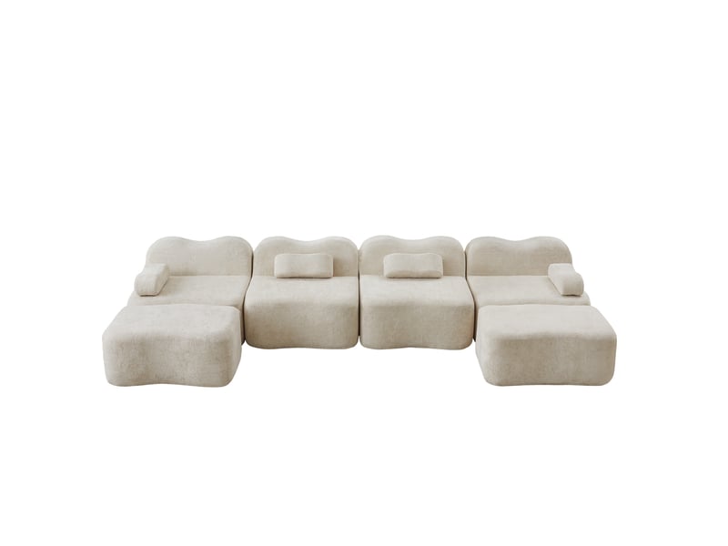  Canapé modulaire 4 places en u avec 2 ottomans beige en velours  - Conforama A