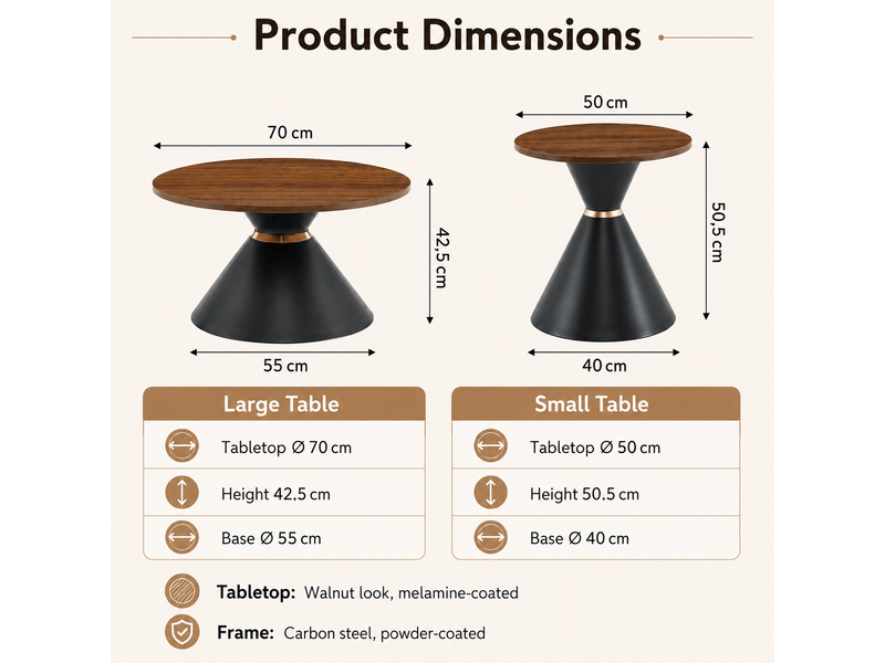  Tables basses gigognes rondes avec base conique en métal, plateau effet noyer, pour salon, chambre et bureau  - Conforama D