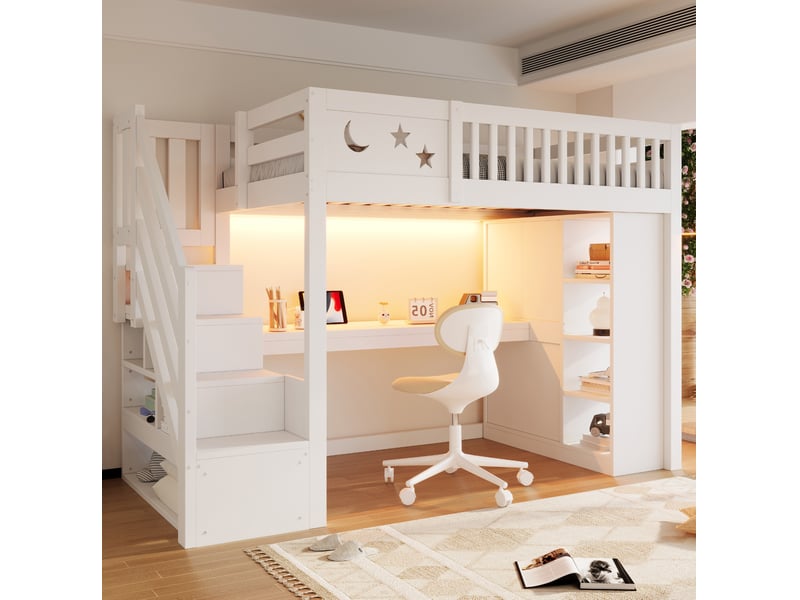  Lit mezzanine modenvie 90 x 200 cm avec bureau, rangements, led et prises blanc  - Conforama B