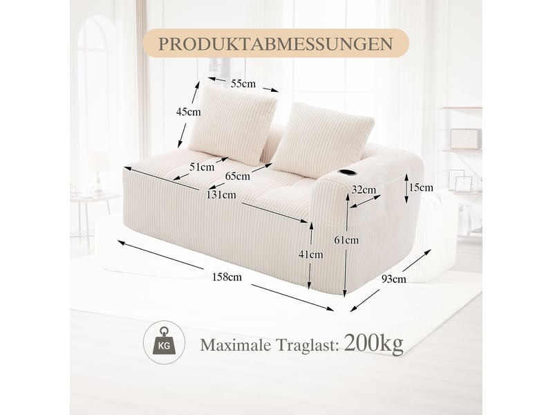 Canapé 2 places compact 158x93x61cm, poche latérale, porte-gobelets, mousse à haute densité, ressorts intégrés, velours côtelé beige - Conforama C