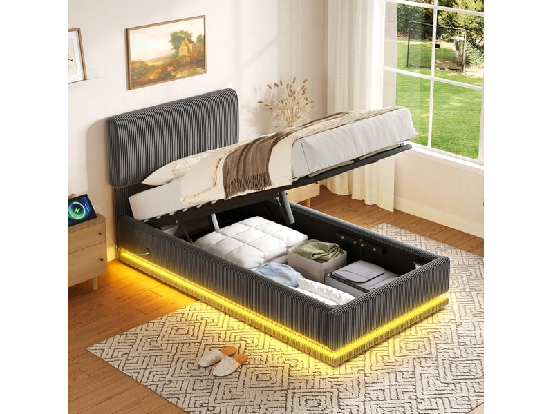 Lit coffre 90x200 cm, led, velours côtelé, finition gris foncé, tête réglable 3 positions, espace de stockage caché - Conforama D
