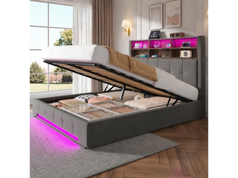  Lit coffre avec rangement,tête de lit 6 compartiments, led et usb-c, gris foncé, 160 x 200 cm  - Conforama B