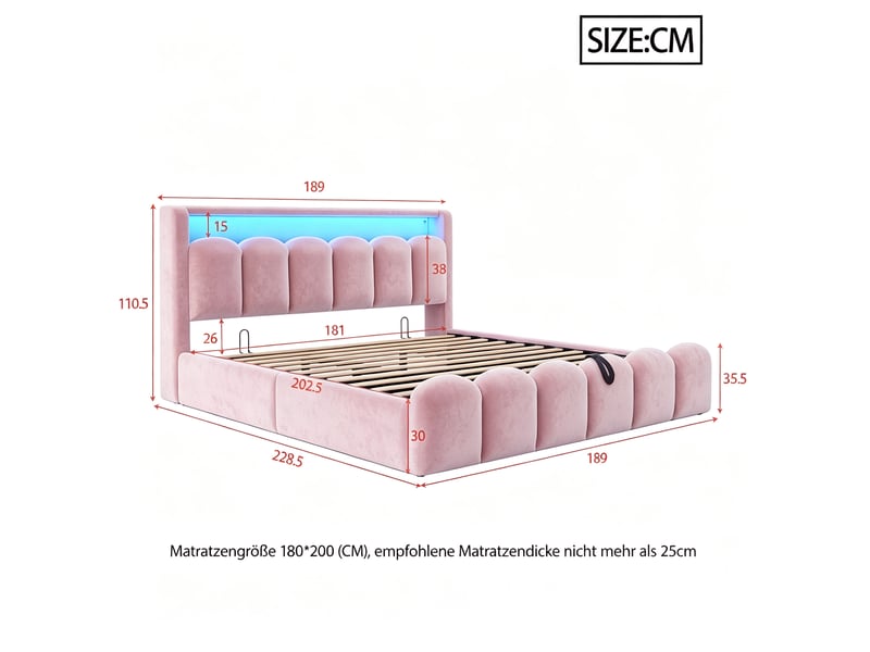  Lit coffre 180x200 cm, lit rembourré, led usb type-c, rangement hydraulique, design pétale, velours rose, sans matelas  - Conforama C