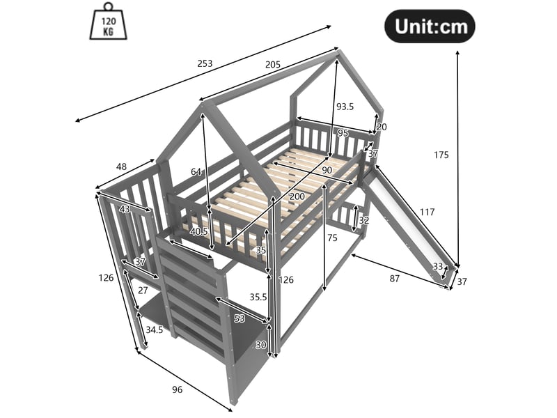 Lit à couchages superposés, 90x200 cm, avec escalier de rangement, toboggan, matelas non inclus, bois, coloris gris  - Conforama C