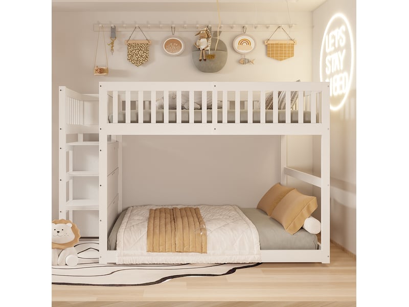  Lit superposé enfant 140 x 200 cm – blanc – escalier sécurisé à 4 tiroirs, barrières hautes - sans matelas  - Conforama B