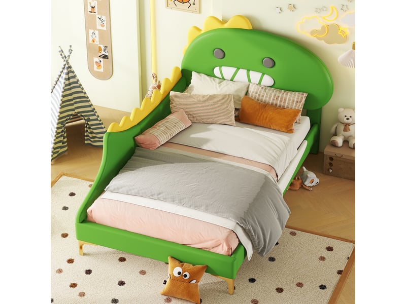  Lit enfant 90x200 cm dinosaure cartoon en pu et panneau mdf vert  - Conforama E