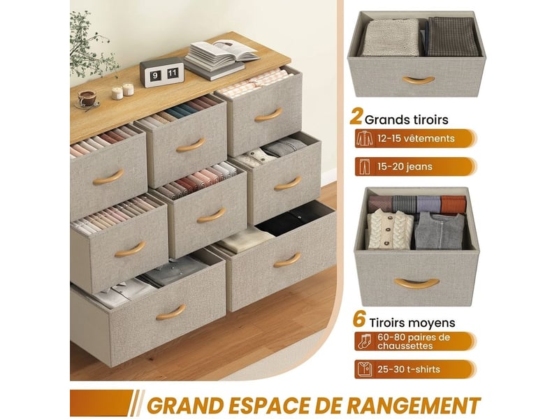 Chiffonnier meuble 100x30x76 cm huit tiroirs tissu kaki et metal blanc chambre  - Conforama D