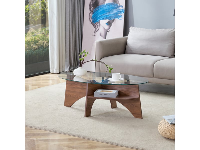  Table basse ovale avec plateau en verre de sécurité et tablette de rangement, supports en mdf finition noyer pour salon  - Conforama C