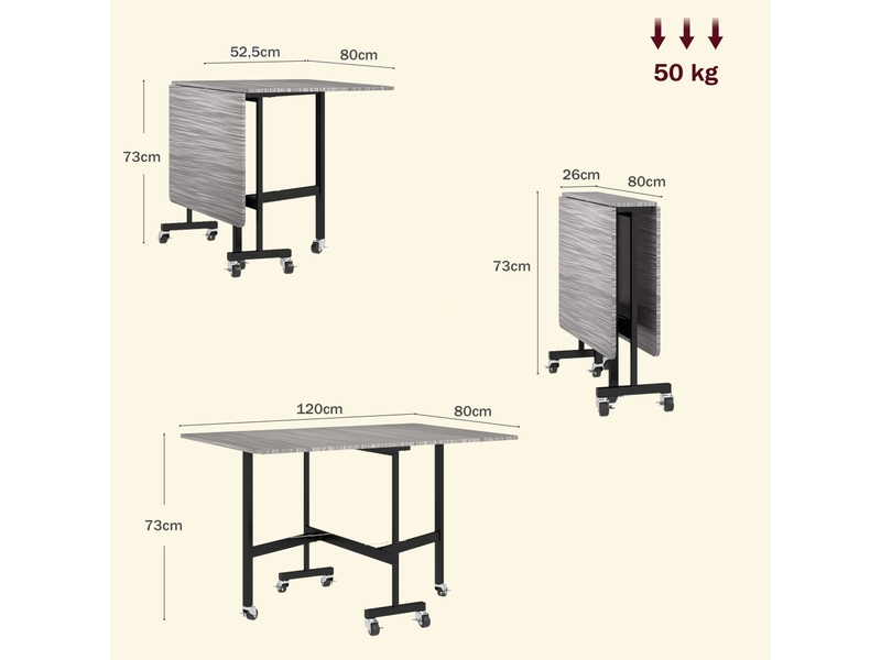  Table à manger pliante sur roulettes pour 4-6 personnes 120 cm, roues avec freins, 2 abattants, style industriel, gris  - Conforama C