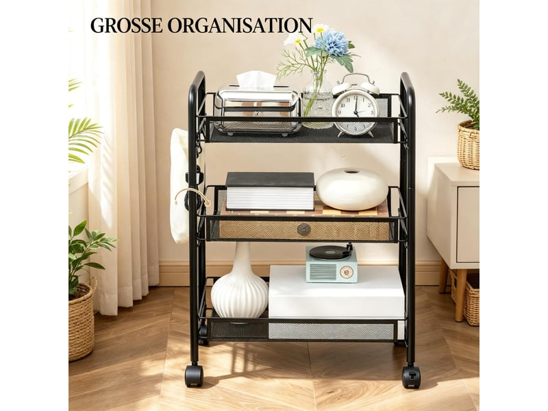  Chariot de rangement 3 niveaux en acier noir, desserte de cuisine à roulettes avec paniers en maille métallique, 45x26.5x63 cm  - Conforama D