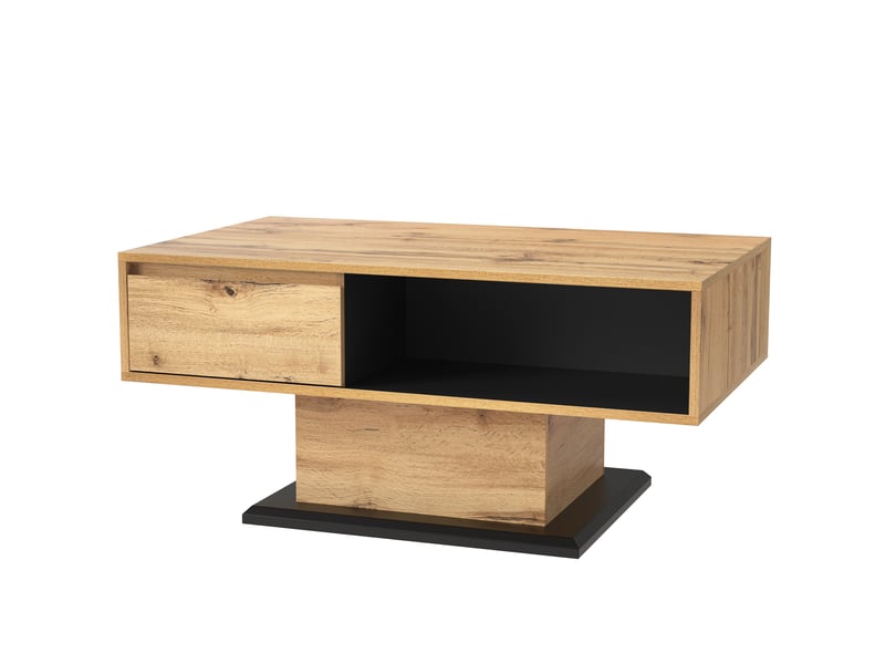 Table basse en bois avec tiroir sans poignée, rangement double face, chêne et anthracite, 100x60x47 cm - Conforama C