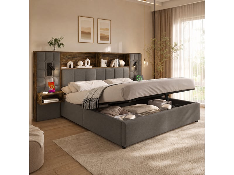 Lit coffre 160 x 200 cm gris en lin avec led, liseuses, chevets et ports usbusb-c - Conforama D