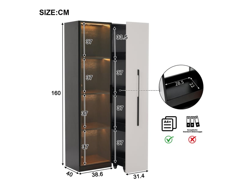  Vitrine en verre trempé et mdf, meuble de rangement avec led, bibliothèque 160 cm de haut avec tiroir latéral, noir et blanc  - Conforama C