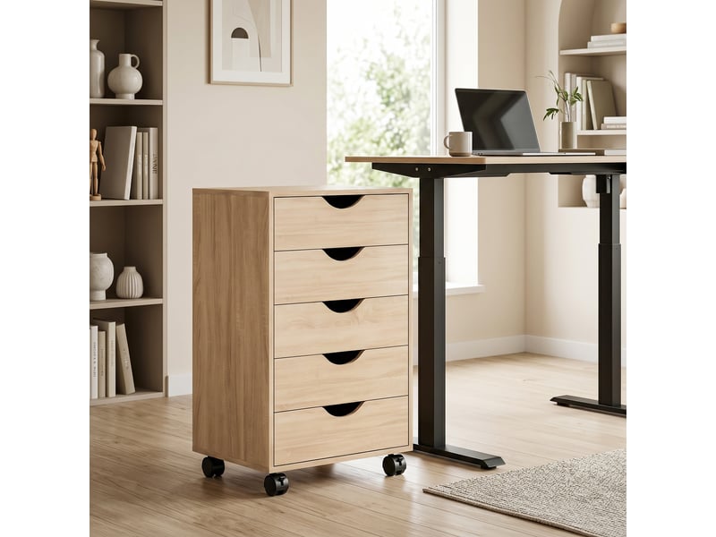  Caisson bureau mobile, meuble rangement sur roulettes avec 5 tiroirs, bois, chêne, 40 x 40 x 67 cm  - Conforama D