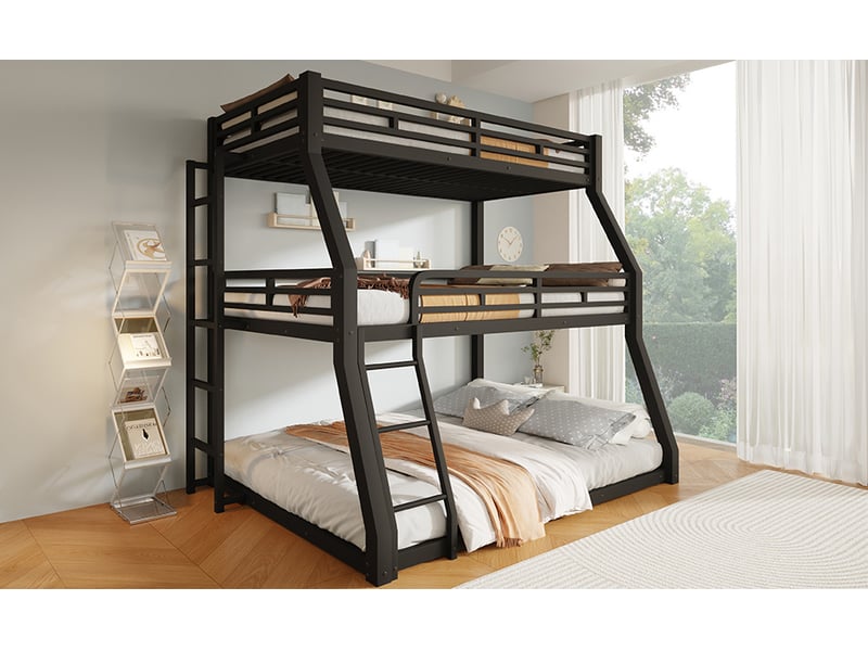  Lit superposé 140x200 cm, 3 couchages, échelle montable à gauche ou à droite, en métal, noir, sans matelas  - Conforama D