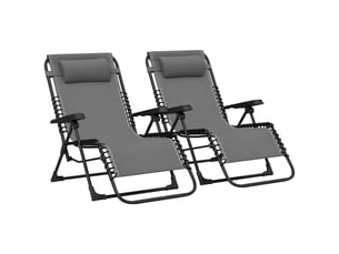Lot de 2 bain de soleil, chaise longue pliante inclinable avec appuie-tête en textilène, 90 x 65 x 112 cm, gris