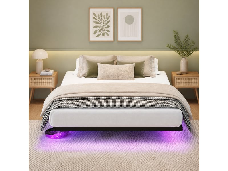 Cadre de lit 120 x 200 cm noir en métal avec sommier à lattes, led et station de charge - Conforama C