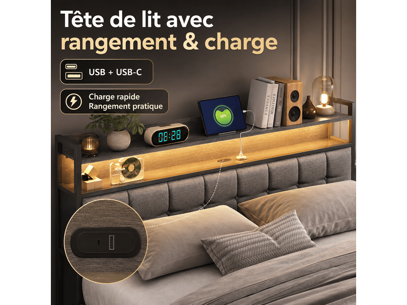 Lit coffre double 160x200cm avec led et prise usb tpye c - rangement de chevet et tête de lit rembourré- hydraulique - lit adulte 2 personnes - pu - noir - lit capitonné, lit 2 places, cadre de lit, lit ado, sommier à lattes, c… - Conforama W