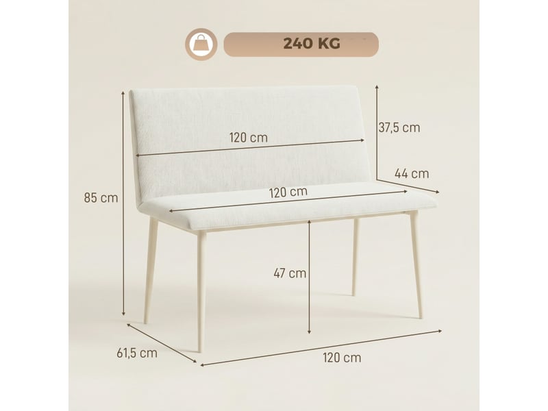  Torios banc salle à manger tissu aspect lin dossier pieds métal crème  - Conforama C